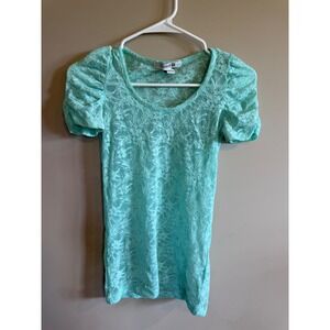 Forever 21 Women's Aqua Lace Puff Sleeve V-Neck T-Shirt Top Size S
